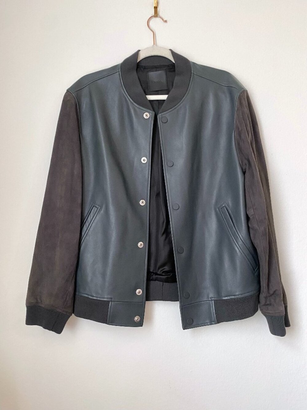 Theory Lamb Supreme Leather & Suede Varsity Jacket Pestle Gray | Small
